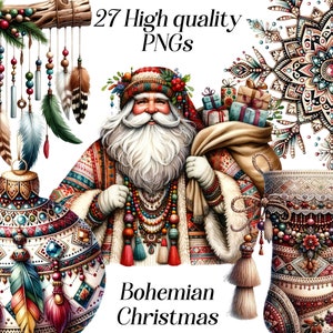 Clipart de Navidad boho de acuarela, 27 archivos PNG de alta calidad, clipart boho, imágenes navideñas bohemias, plumas, festivo, gráficos imprimibles