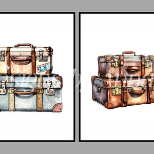 May include: Two sets of vintage suitcases stacked on top of each other. The suitcases are brown, tan, and blue with leather accents and brass hardware.