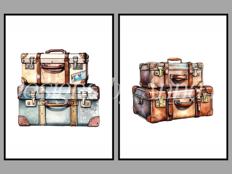 May include: Two sets of vintage suitcases stacked on top of each other. The suitcases are brown, tan, and blue with leather accents and brass hardware.