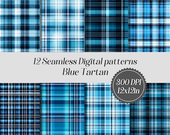 May include: Twelve seamless digital patterns featuring blue tartan plaid designs. Each pattern is 12x12 inches and 300 DPI.