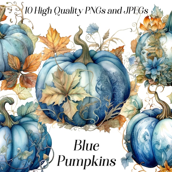 Watercolor blue pumpkins clipart, 10 high quality JPEG and PNG files, halloween clipart, cottagecore clipart, printables