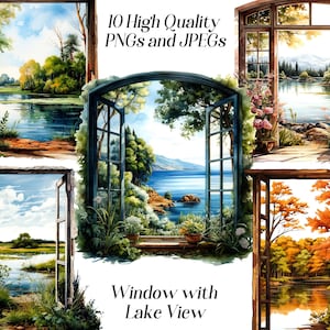Watercolor window with lake view clipart, 10 high quality JPEG and PNG files, lake landscape, opened window, nature clipart, printables