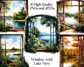 Watercolor window with lake view clipart, 10 high quality JPEG and PNG files, lake landscape, opened window, nature clipart, printables