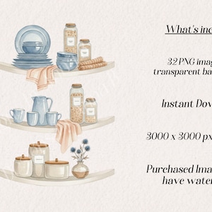May include: Watercolor illustration of kitchenware and pantry items on shelves. Includes blue plates, bowls, cups, a pitcher, jars with lids, and a small vase with blue flowers. The text reads "What's included: 32 PNG images with transparent background, Instant Download, 3000 x 3000 px at 300DPI, Purchased Images won't have watermark."