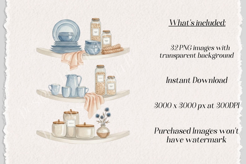 May include: Watercolor illustration of kitchenware and pantry items on shelves. Includes blue plates, bowls, cups, a pitcher, jars with lids, and a small vase with blue flowers. The text reads "What's included: 32 PNG images with transparent background, Instant Download, 3000 x 3000 px at 300DPI, Purchased Images won't have watermark."