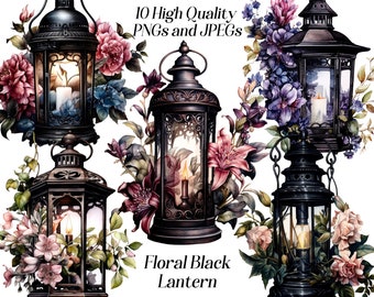 Clipart lanterne floral aquarelle, 10 fichiers JPEG et PNG de haute qualité, décor universitaire sombre, lanterne vintage et fleurs, gothique, cottagecore
