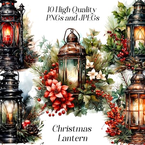 Clipart Lanterna di Natale ad acquerello, 10 file JPEG e PNG di alta qualità, vacanze invernali, clip art festive, decorazioni natalizie, stampabili