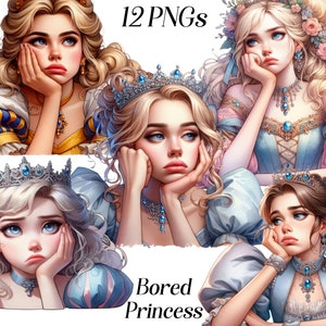 Aquarell Bored Prinzessin Clipart, 12 PNG-Dateien, königliches Mädchen, Mädchen mit Krone, Tiara, Märchen, hübsches Mädchen, süße Prinzessin Illustration