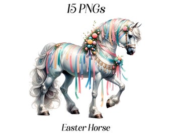 May include: A white horse with a long flowing mane and tail, decorated with colorful ribbons and pastel-colored Easter eggs. The horse is wearing a golden bridle and has a floral garland around its neck.