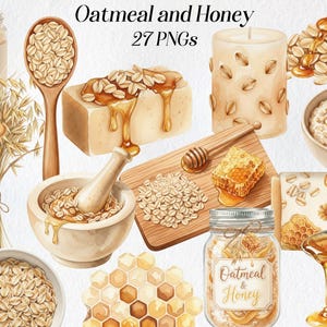 May include: Watercolor illustration featuring oatmeal and honey elements. Includes jars of honey, a wooden spoon filled with oats, a mortar and pestle, a candle, and a bowl of oatmeal. The text "Oatmeal and Honey" is visible.