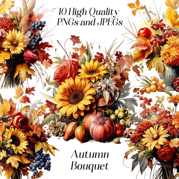 Watercolor autumn bouquet clipart, 10 high quality JPEG and PNG files, fall decor clip art, farmhouse decor, cottagecore, florals