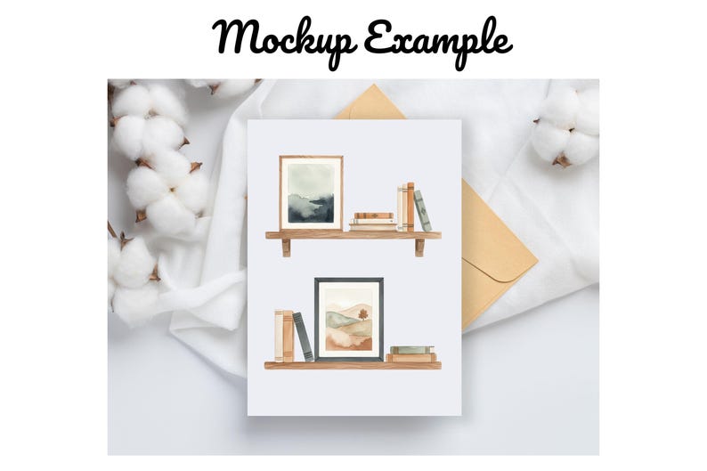 May include: A mockup featuring two wooden shelves with framed watercolor landscape art and stacks of books. The top shelf has a landscape painting with blue and green hues. The bottom shelf has a landscape painting with brown and orange hues.