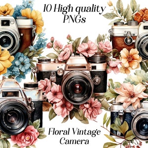 Aquarell Blumen Vintage Kamera Clipart: 10 PNG Dateien (Digital Download)