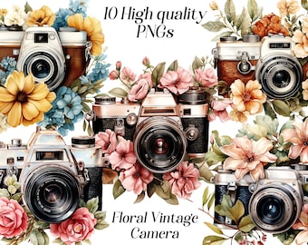 May include: Ten high quality PNG images of vintage cameras decorated with watercolor flowers. The cameras are brown, silver, and black with floral arrangements in yellow, pink, and blue.