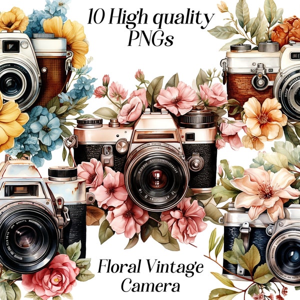 Watercolor floral vintage camera clipart, 10 high quality PNG files, vintage clip art, photography clipart, camera illustration, flowers