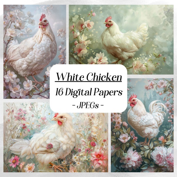 White Chicken digital paper, 16 high quality JPEG files, printable paper, scrapbook paper, bird, farm animals, nature, easter chicken