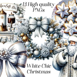 Aquarel witte chique kerst clipart, 13 hoge kwaliteit png-bestanden, kerstafbeeldingen, kerstdecor, afdrukbare afbeeldingen, feestelijke wintervakantie