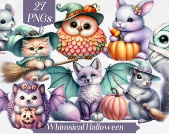 Clipart de animales de Halloween en tonos pastel, estilo kawaii (arte digital)