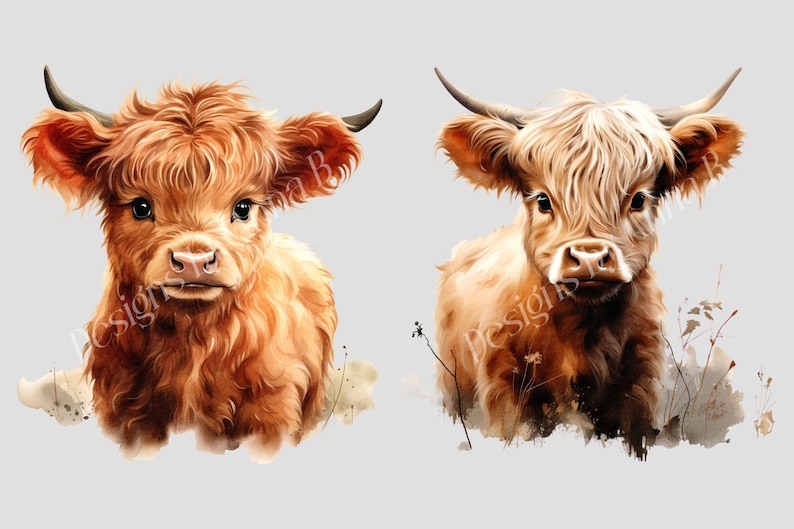 May include: Two Highland cattle calves, one with a reddish-brown coat and the other with a light brown coat, are looking directly at the camera. Both calves have long, fluffy fur and are standing in a field of grass.