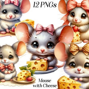 Muis met kaas clipart, aquarel muis illustraties, png, Zwitserse kaas, keukenmuis, schattige dieren, digitale afbeeldingen, afdrukbare afbeeldingen