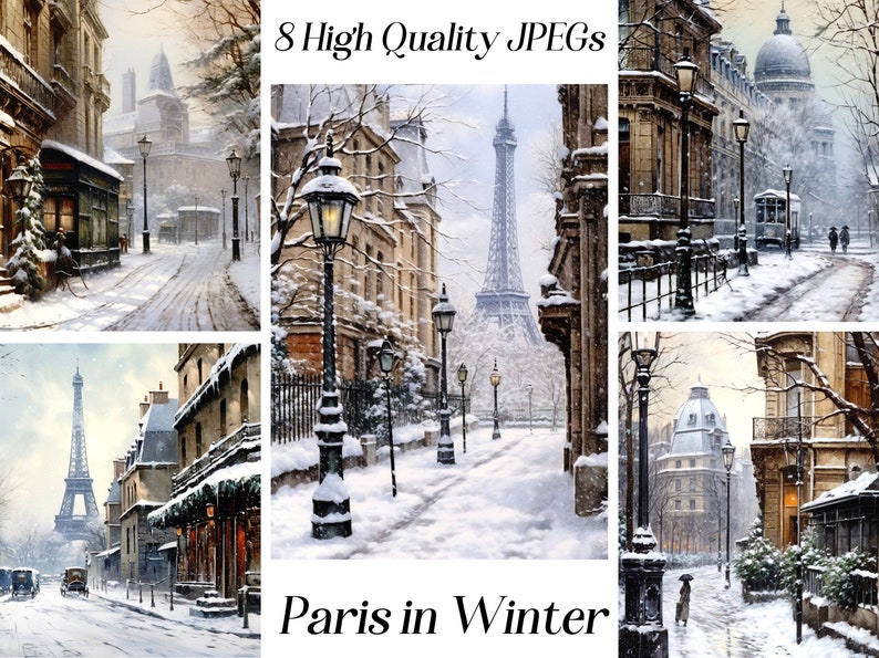 Watercolour Paris in Winter digital paper, 8 high quality JPEG files, scrapbooking, card making, printable graphics, A4 image 1