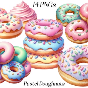 Clipart akwarelowy Pastel Doughnuts, 14 plików PNG, clipart żywności, słodkie pączki, pastelowe desery, smakołyki piekarnicze, słodkie jedzenie, ilustracja