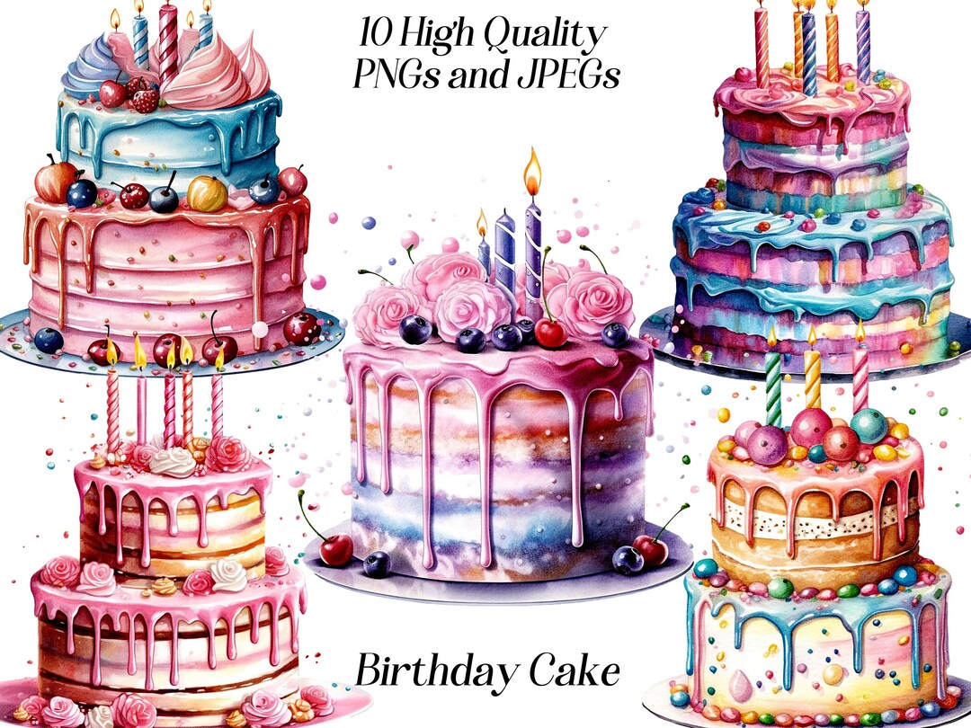Watercolor Birthday Cake Clipart: JPEG & PNG Files (digital Download ...