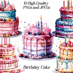 Clipart de gâteau d'anniversaire aquarelle, 10 fichiers JPEG et PNG de haute qualité, gâteau avec des bougies, clipart dessert, fabrication de cartes, imprimables