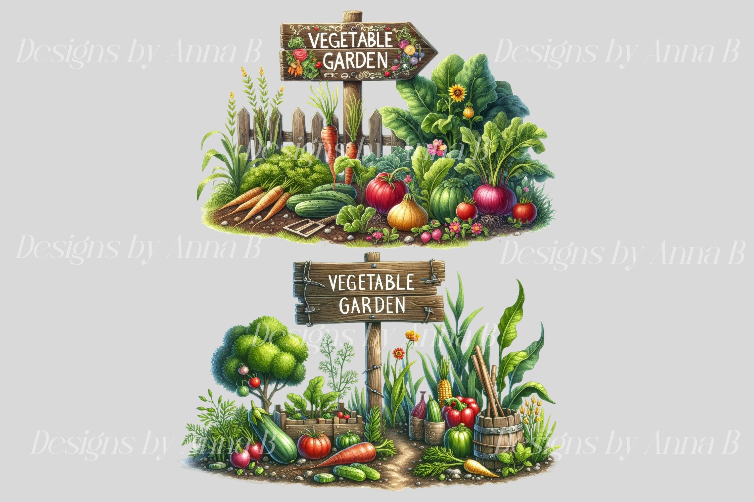 Watercolor Garden Clipart: Vegetable Patch PNG Images (digital Download ...