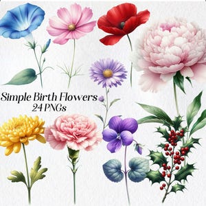 Flores de nascimento clipart, flores do mês de nascimento, conjunto floral, ilustração botânica, clipart do dia das mães, clipart floral, flores em aquarela