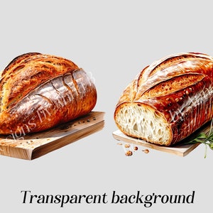 May include: Two loaves of freshly baked bread on wooden cutting boards. One loaf is sliced open, revealing the soft, white interior. The other loaf is whole, with a golden brown crust.