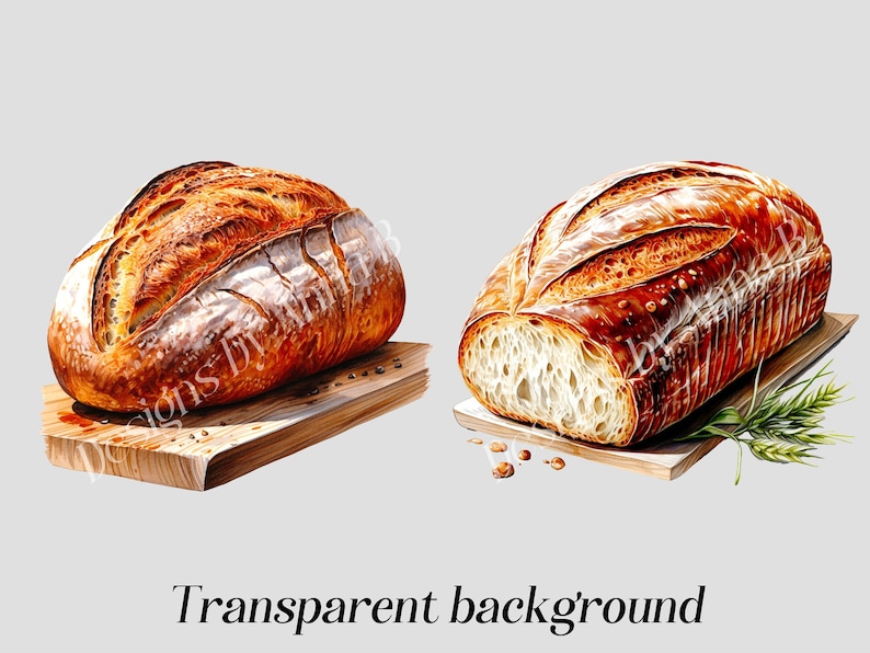 May include: Two loaves of freshly baked bread on wooden cutting boards. One loaf is sliced open, revealing the soft, white interior. The other loaf is whole, with a golden brown crust.