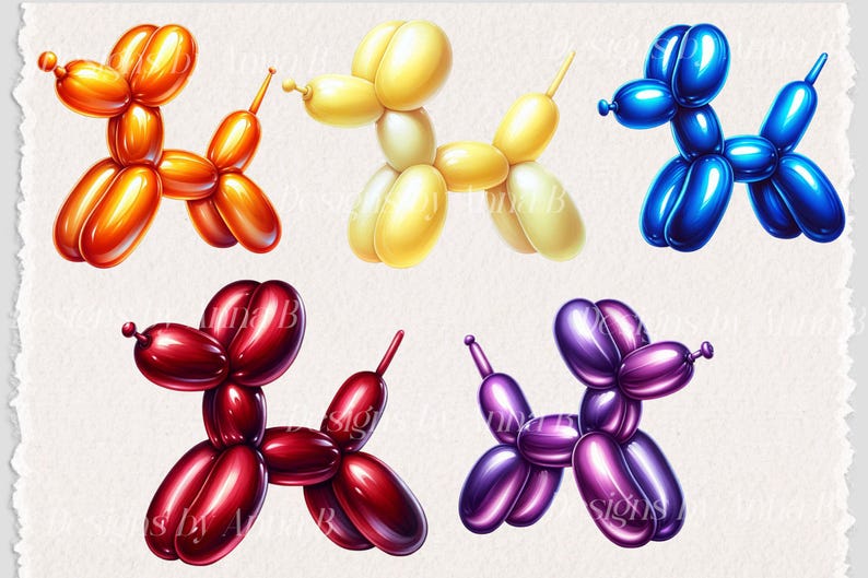 May include: Five balloon animal dog sculptures in different colors: orange, yellow, blue, red, and purple. The balloon animals are all in the same pose, with their heads tilted to the side and their tails curled up.