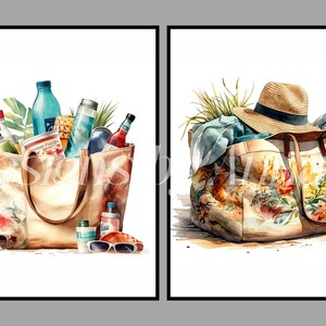 May include: Two floral patterned tote bags. One bag is filled with various items including bottles, a pineapple, and sunglasses. The other bag has a straw hat on top.