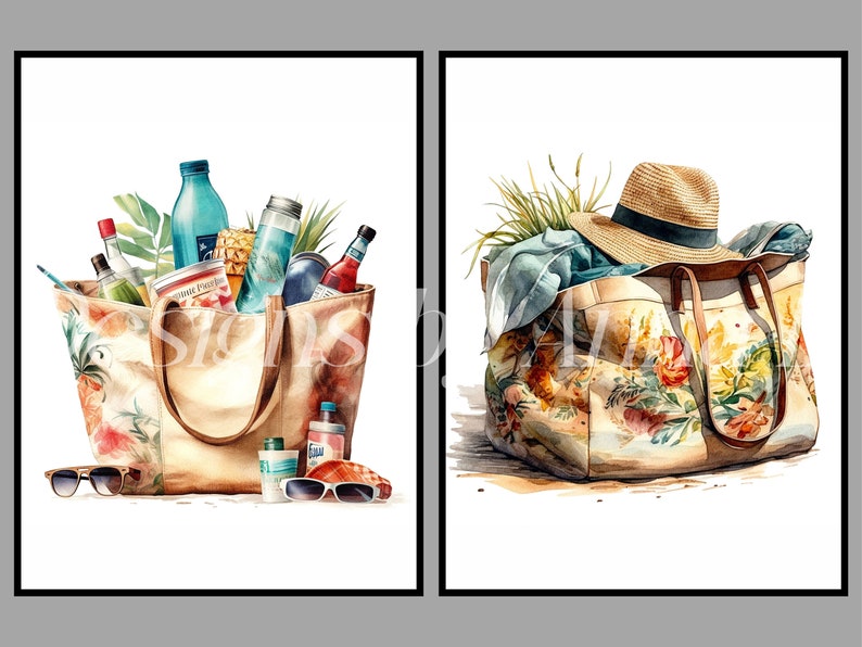 May include: Two floral patterned tote bags. One bag is filled with various items including bottles, a pineapple, and sunglasses. The other bag has a straw hat on top.