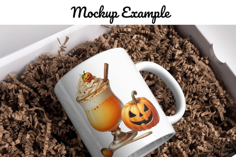 May include: White ceramic mug with a handle, featuring a pumpkin with a jack-o'-lantern face and a fall-themed beverage with whipped cream and a cinnamon stick.