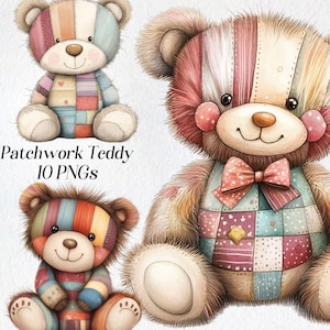 Cute Patchwork Teddy Clipart - Quilted Teddy Bear PNG, Adorable Stuffed Toy Digital Art, Whimsical Bear Illustration