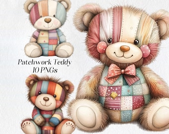 Patchwork Teddy Bear Clipart: Quilted Stuffed Toy PNGs (Digital Download)