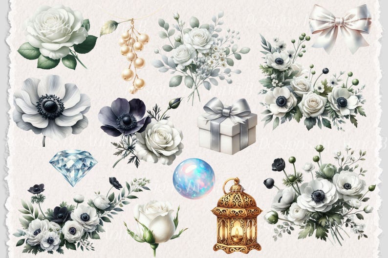 Roses and Anemones Clipart, Wedding Flowers, White Flowers, Florals
