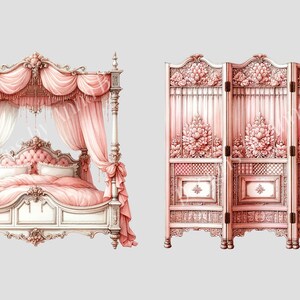 May include: A white four-poster bed with a pink canopy and a pink and white bedspread. The bed is next to a three-panel room divider with a pink and white floral design.
