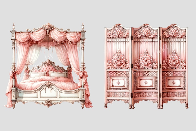 May include: A white four-poster bed with a pink canopy and a pink and white bedspread. The bed is next to a three-panel room divider with a pink and white floral design.