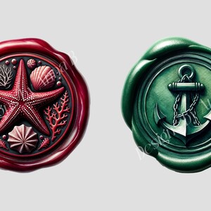 May include: Two wax seals, one red with a starfish and coral design, the other green with an anchor design.