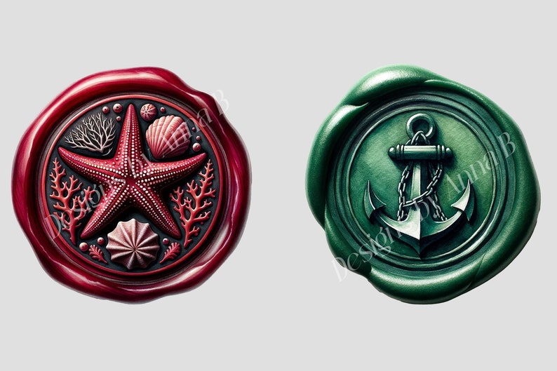 May include: Two wax seals, one red with a starfish and coral design, the other green with an anchor design.