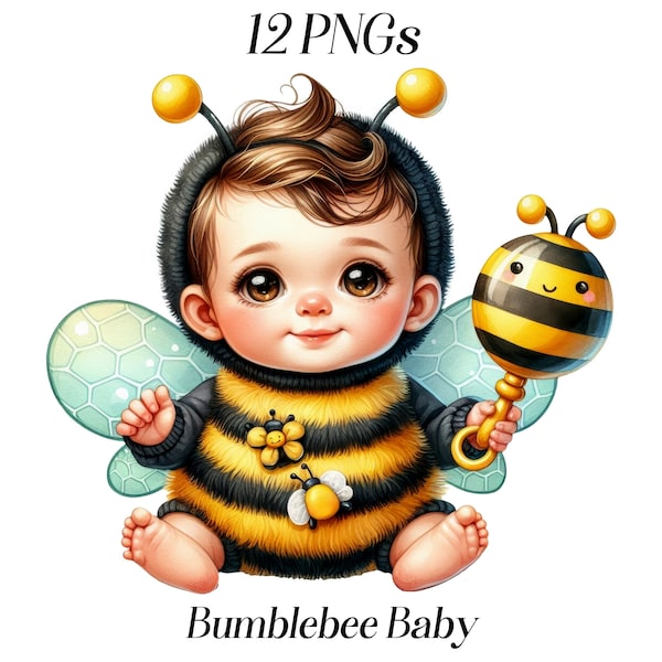 Watercolor Bumblebee Baby clipart, 12 PNG files, cute baby, child, kids graphics, costume party, dress up, nursery clip art, baby shower art