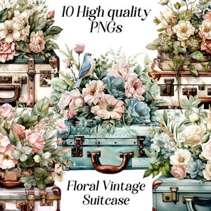 clipart de valise vintage, valise aquarelle, voyage, floral, bagage, fleurs, rétro, antique, ancien, éphémère, journal indésirable, imprimable