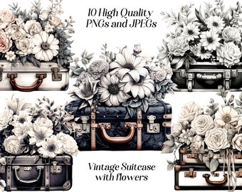 Könnte beinhalten: Vintage-Koffer mit schwarz-weißen Blumenarrangements. Die Koffer sind mit Messingbeschlägen verziert und haben einen Used-Look. Die Blumen sind in Bouquetform angeordnet und aus Papier oder Stoff.