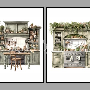 Puede incluir: Dos acuarelas de cocinas con armarios verdes, una estufa grande y una variedad de utensilios de cocina. La primera pintura presenta una mesa con una silla. La segunda pintura presenta una estufa grande con una campana decorativa.