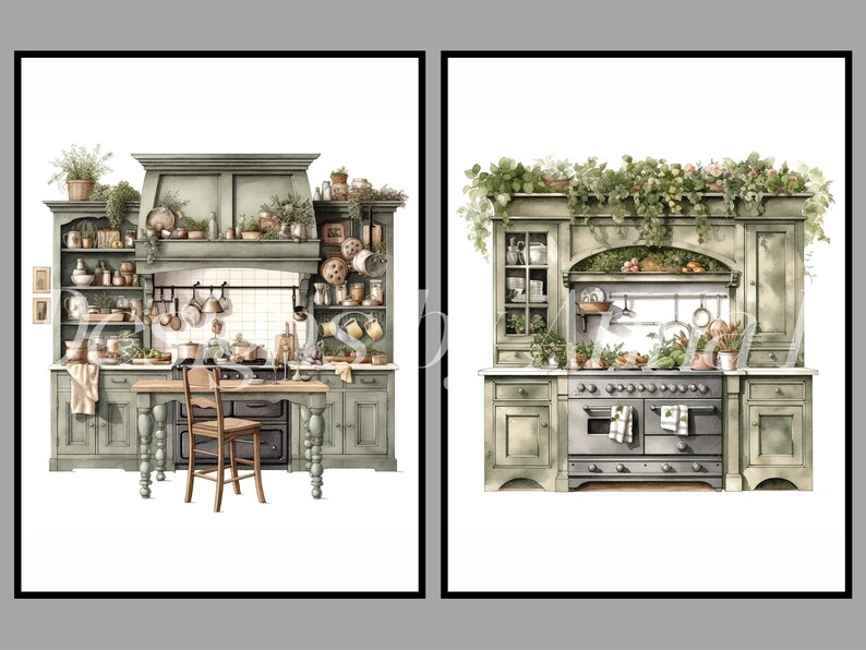 Puede incluir: Dos acuarelas de cocinas con armarios verdes, una estufa grande y una variedad de utensilios de cocina. La primera pintura presenta una mesa con una silla. La segunda pintura presenta una estufa grande con una campana decorativa.