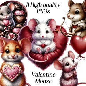 Imágenes prediseñadas de ratón de San Valentín, lindas imágenes prediseñadas de ratones de acuarela, png, feliz día de San Valentín, corazones, amor, flores, gráficos imprimibles, imágenes digitales