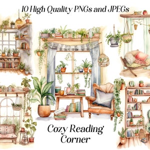 Watercolor cozy reading corner clipart, 10 high quality JPEG and PNG files, reading nook clipart, bookworm clipart, cottagecore interior